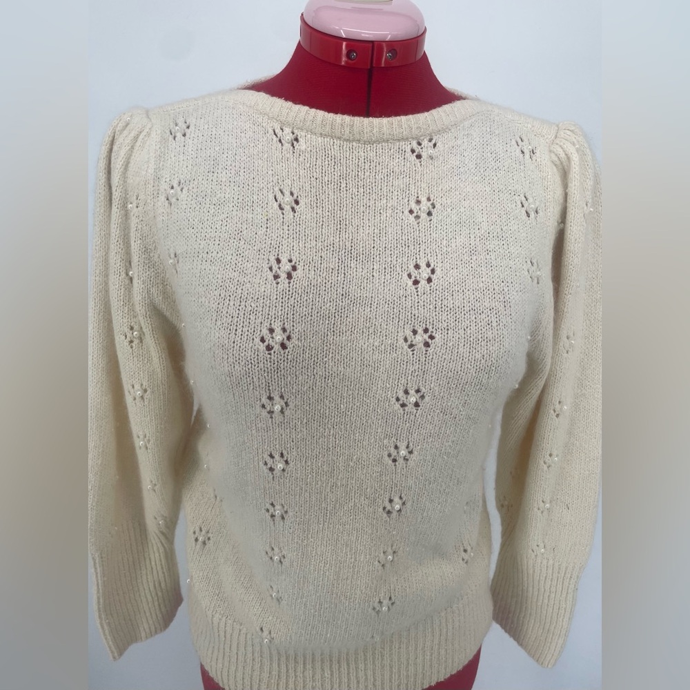 Vintage 80s Silk & Angora Cream Knit Sweater With Floral Cutouts & Pearl Centers - Picture 5 of 15